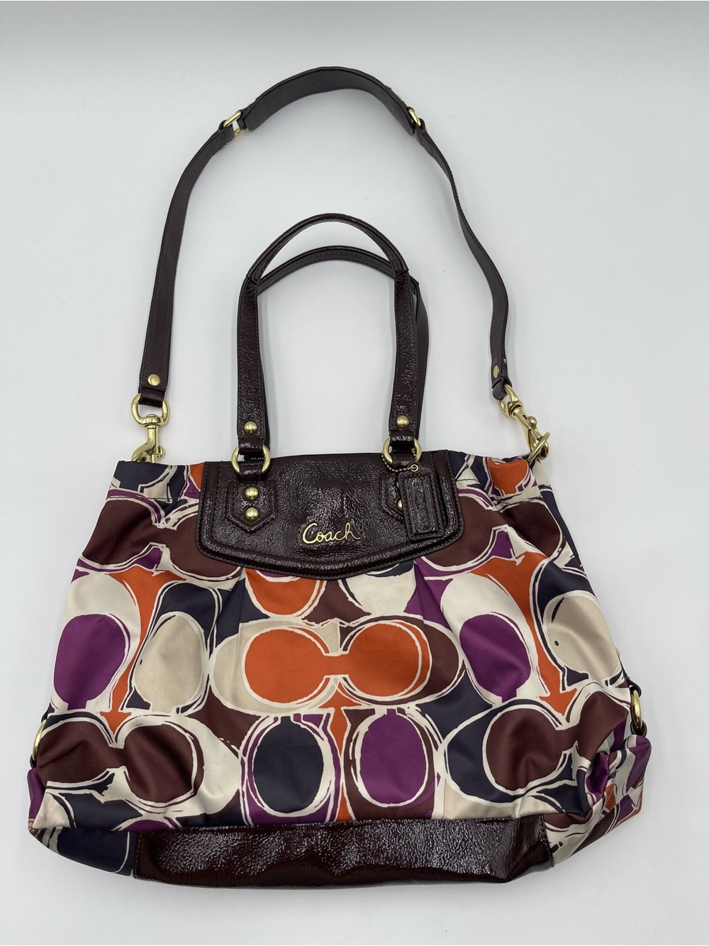 COACH Ashley F20113 Sateen Scarf Print Patent Leather Double Handle Shoulder Bag